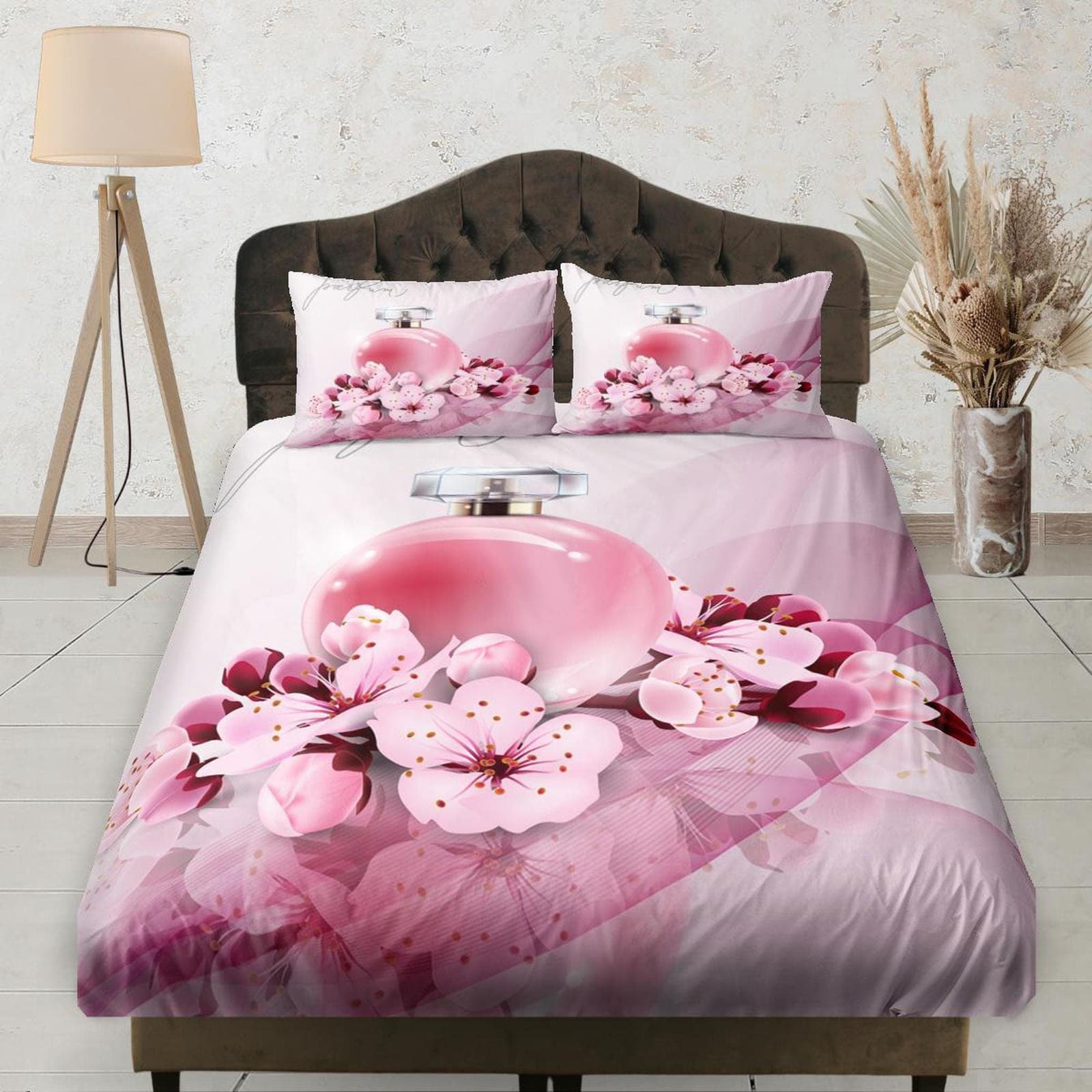 Pink Cherry Blossoms and Perfume Fitted Sheet, Floral Prints, Aesthetic Boho Bedding Set, Dorm Bedding, Crib Sheet, Shabby…