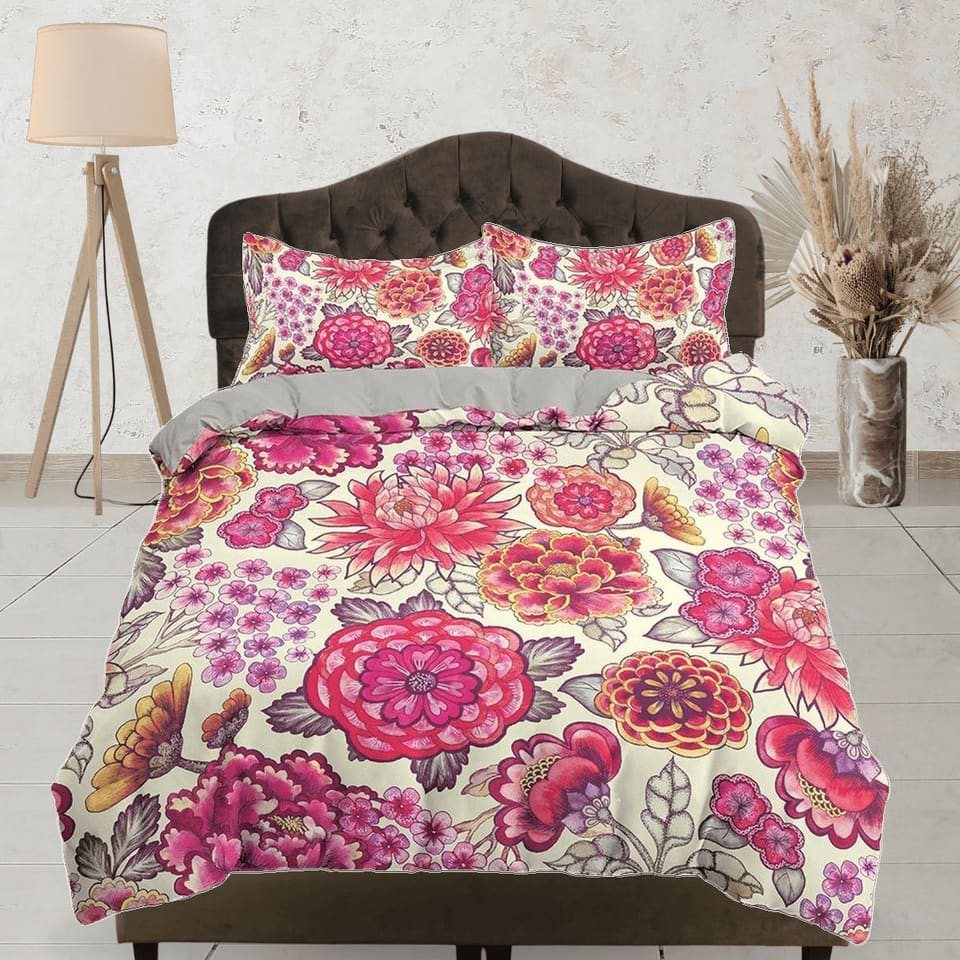 Pink dahlia floral duvet cover colorful bedding, teen girl bedroom, baby girl crib bedding boho maximalist bedspread aesth…