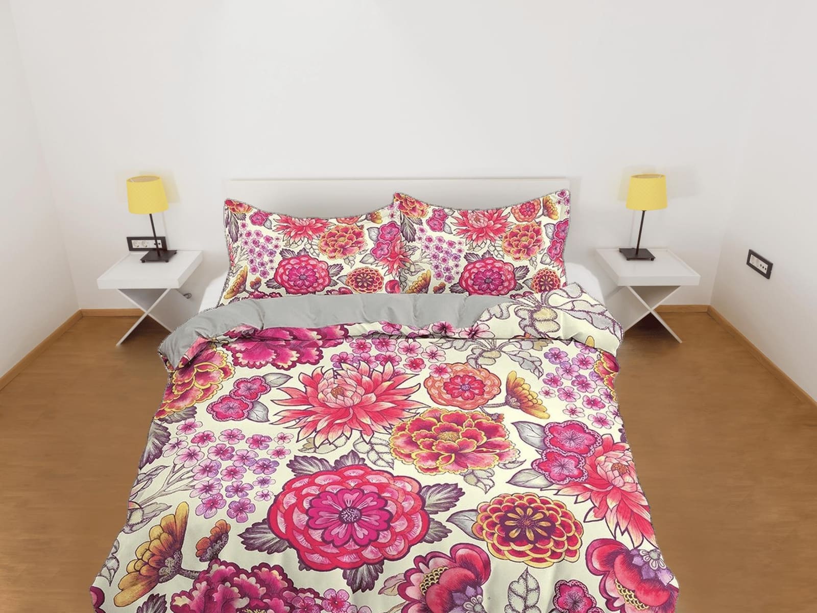 Pink dahlia floral duvet cover colorful bedding, teen girl bedroom, baby girl crib bedding boho maximalist bedspread aesth…