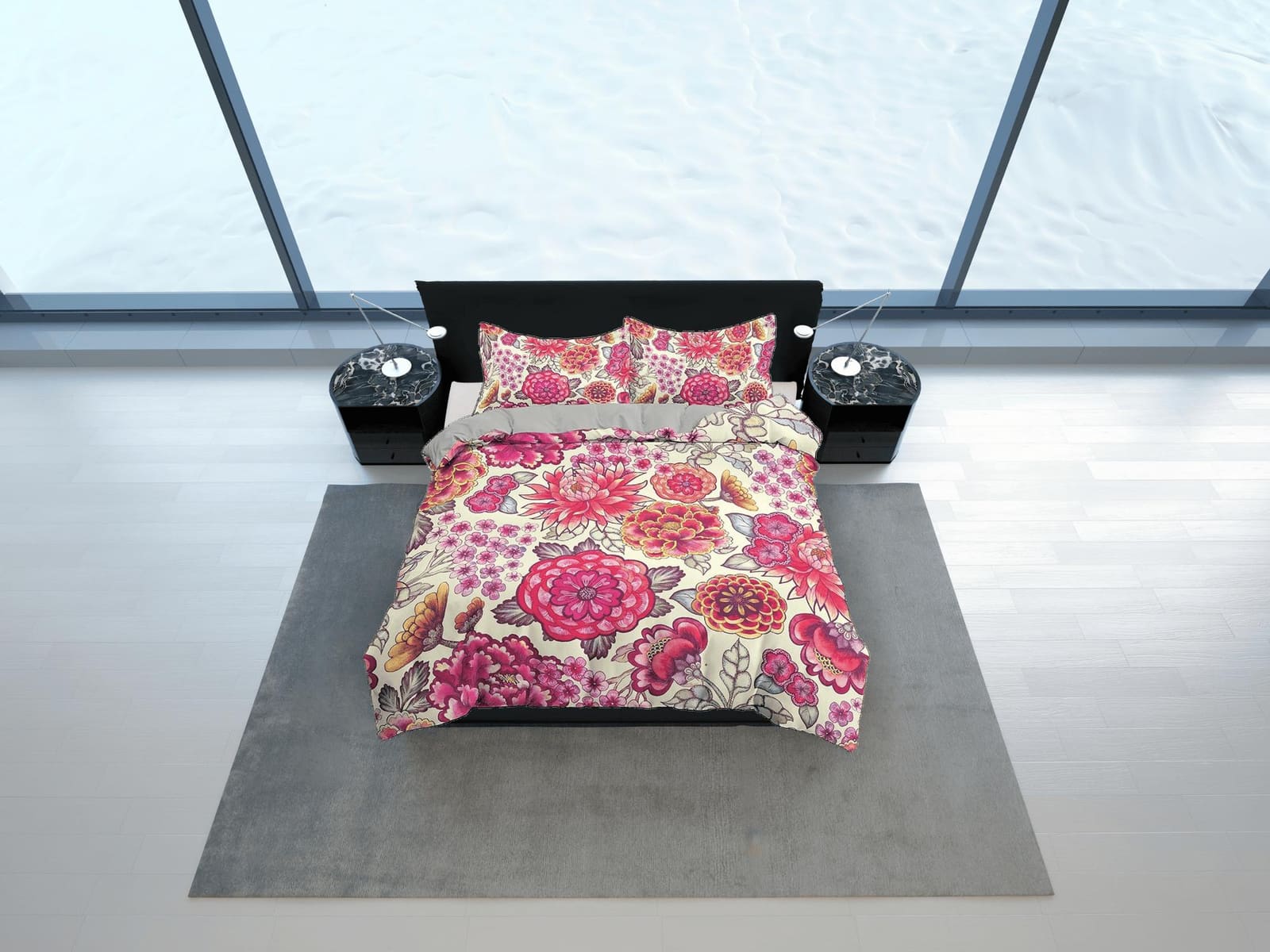 Pink dahlia floral duvet cover colorful bedding, teen girl bedroom, baby girl crib bedding boho maximalist bedspread aesth…