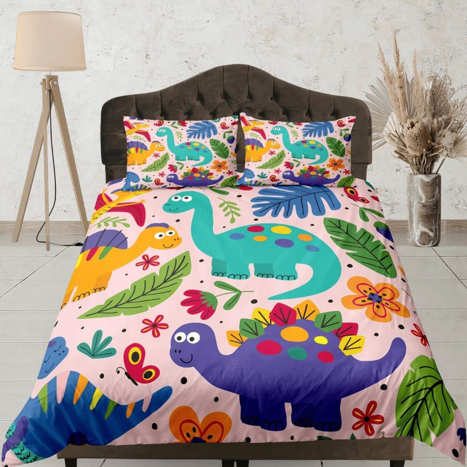 Pink dinosaur bedding, kids bedding full, cute duvet cover set, dinosaur nursery bed decor, colorful bedding, baby dinosau…