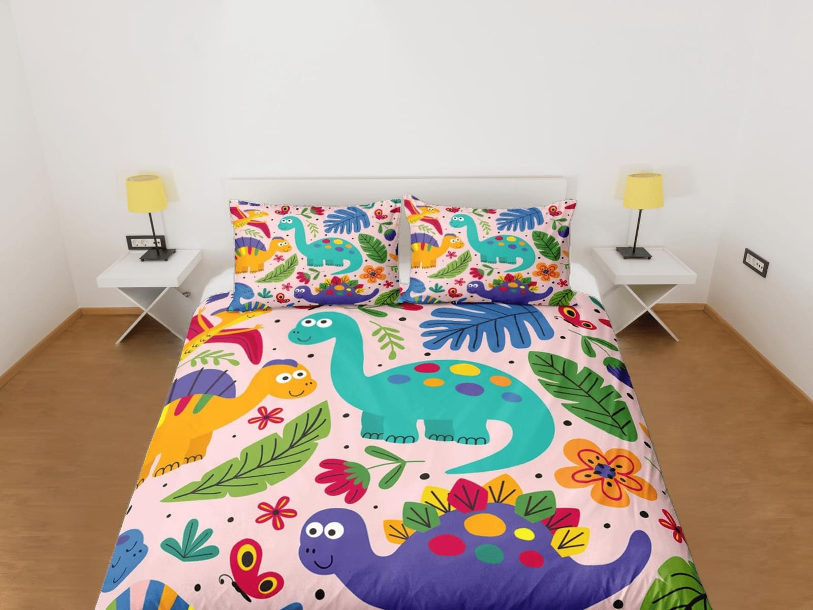 Pink dinosaur bedding, kids bedding full, cute duvet cover set, dinosaur nursery bed decor, colorful bedding, baby dinosau…