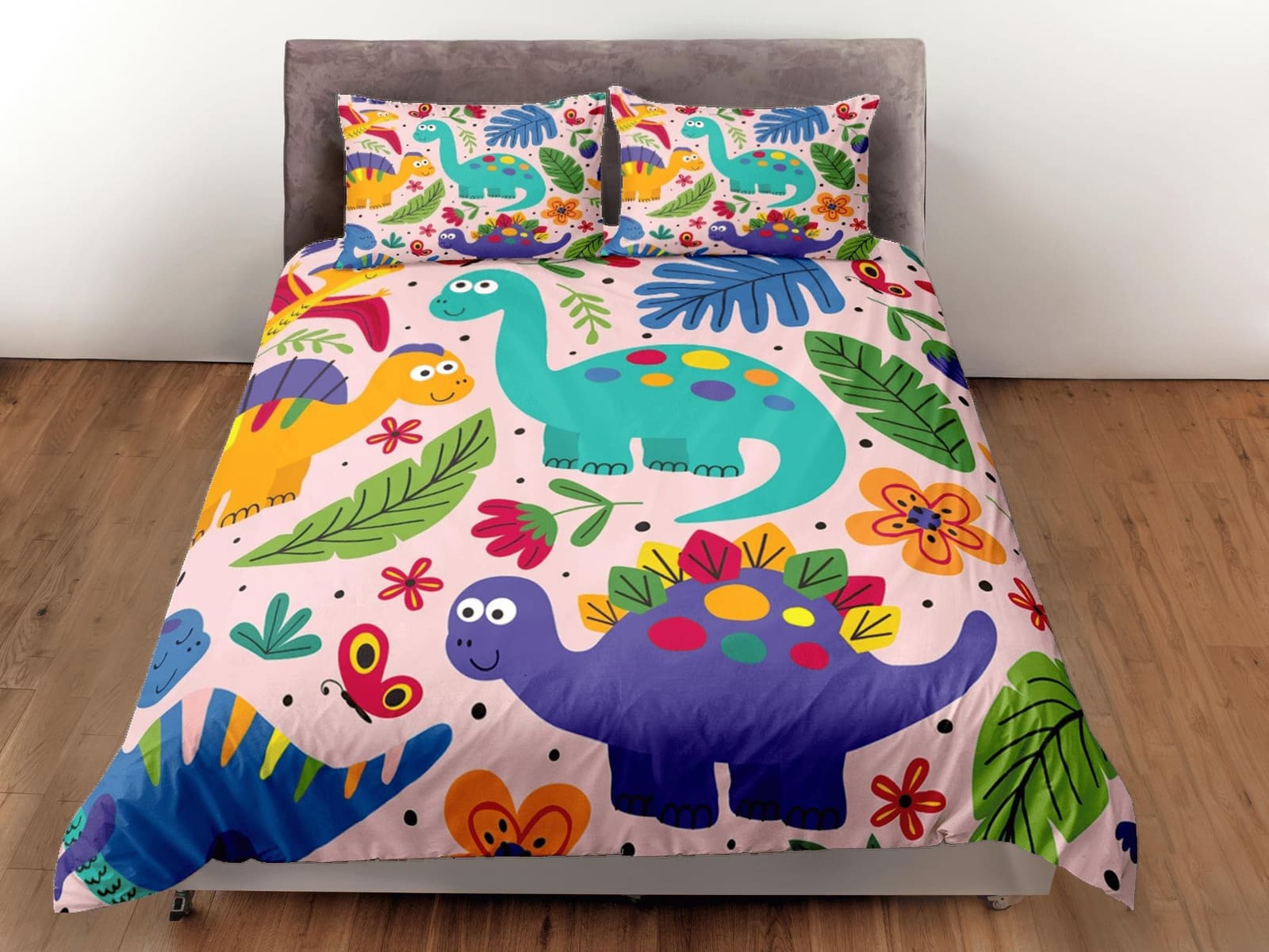 Pink dinosaur bedding, kids bedding full, cute duvet cover set, dinosaur nursery bed decor, colorful bedding, baby dinosau…