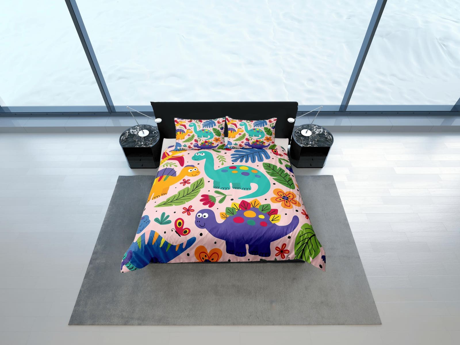Pink dinosaur bedding, kids bedding full, cute duvet cover set, dinosaur nursery bed decor, colorful bedding, baby dinosau…