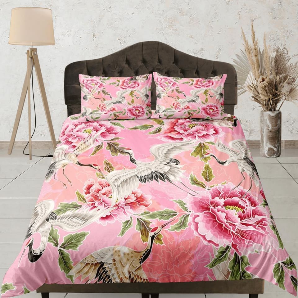 Pink Duvet Cover Set Floral Prints, Japanese Art Crane Bird Comforter Cover Set Pillowcase | Size King, Queen, Full, Twin…