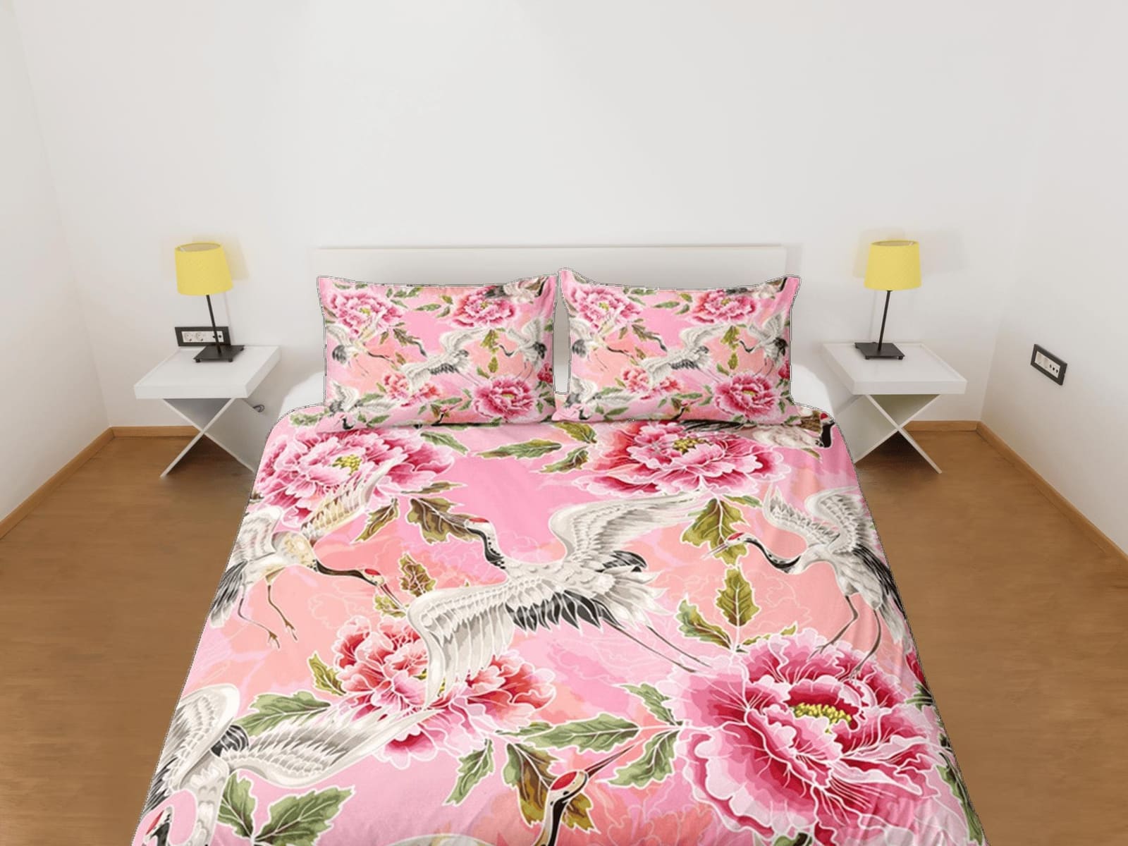 Pink Duvet Cover Set Floral Prints, Japanese Art Crane Bird Comforter Cover Set Pillowcase | Size King, Queen, Full, Twin…