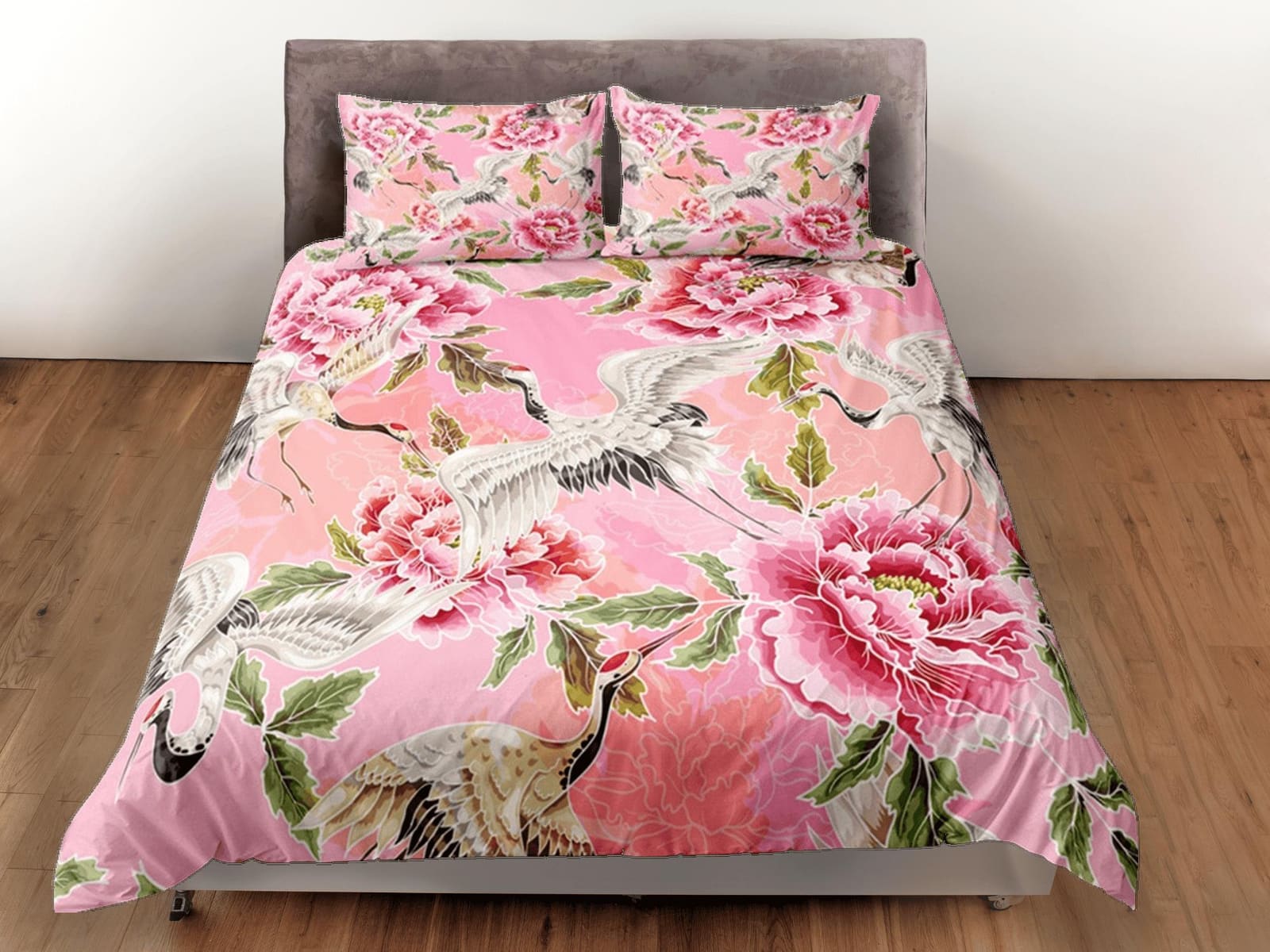 Pink Duvet Cover Set Floral Prints, Japanese Art Crane Bird Comforter Cover Set Pillowcase | Size King, Queen, Full, Twin…