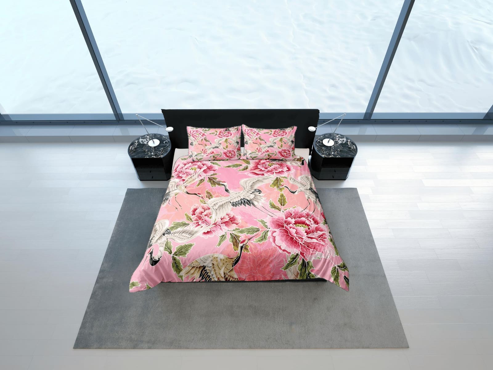 Pink Duvet Cover Set Floral Prints, Japanese Art Crane Bird Comforter Cover Set Pillowcase | Size King, Queen, Full, Twin…