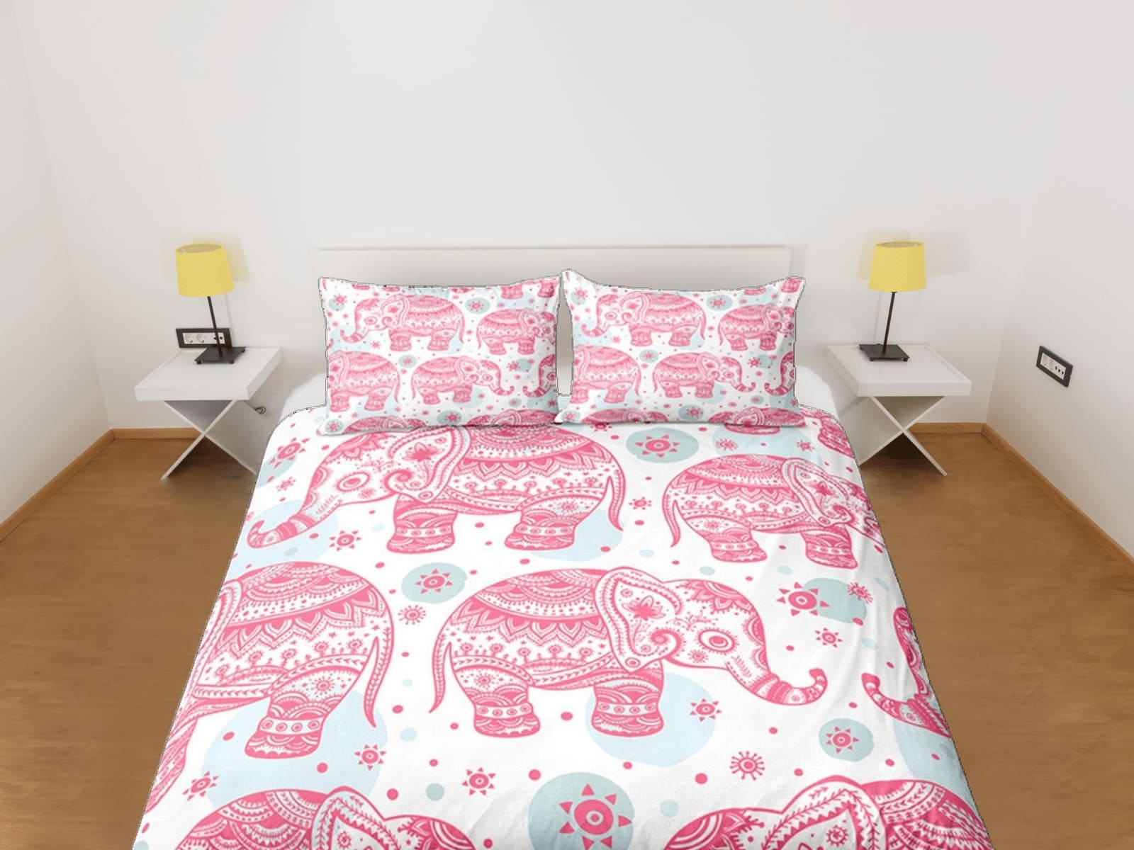 Pink Elephant Duvet Cover Set Boho Bedding, Bohemian Dorm Bedding with Pillowcase