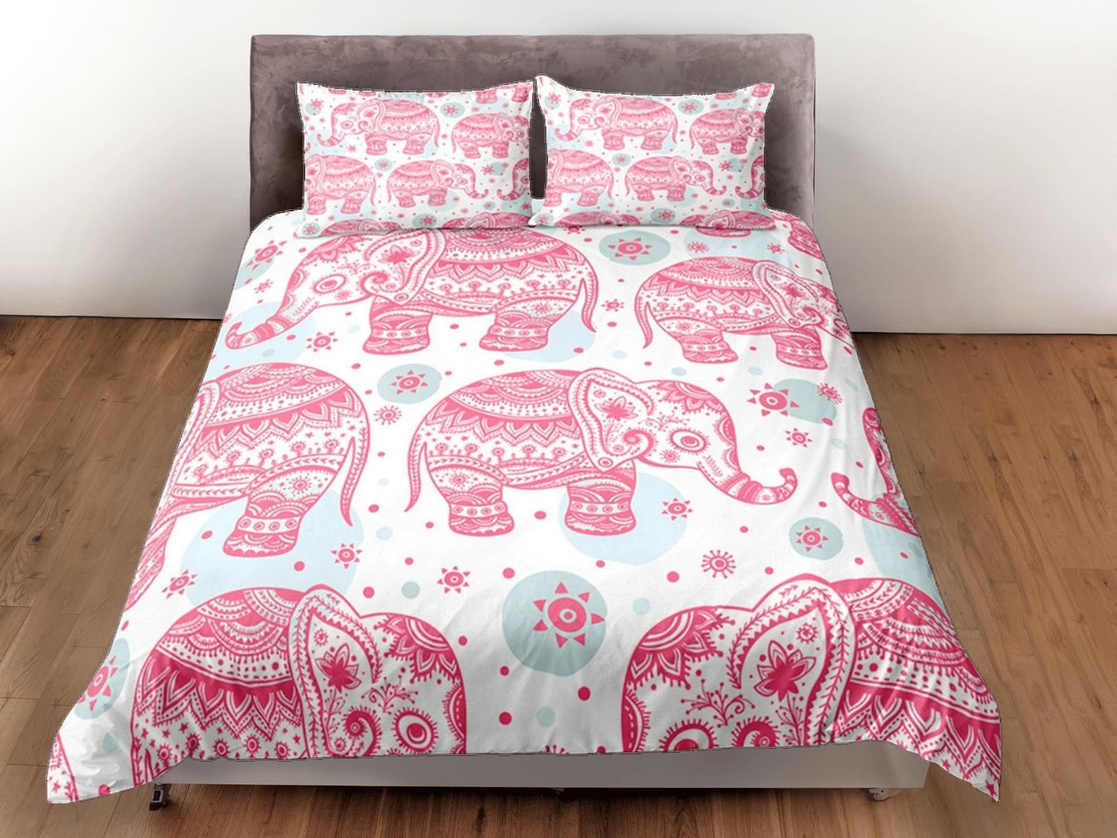 Pink Elephant Duvet Cover Set Boho Bedding, Bohemian Dorm Bedding with Pillowcase