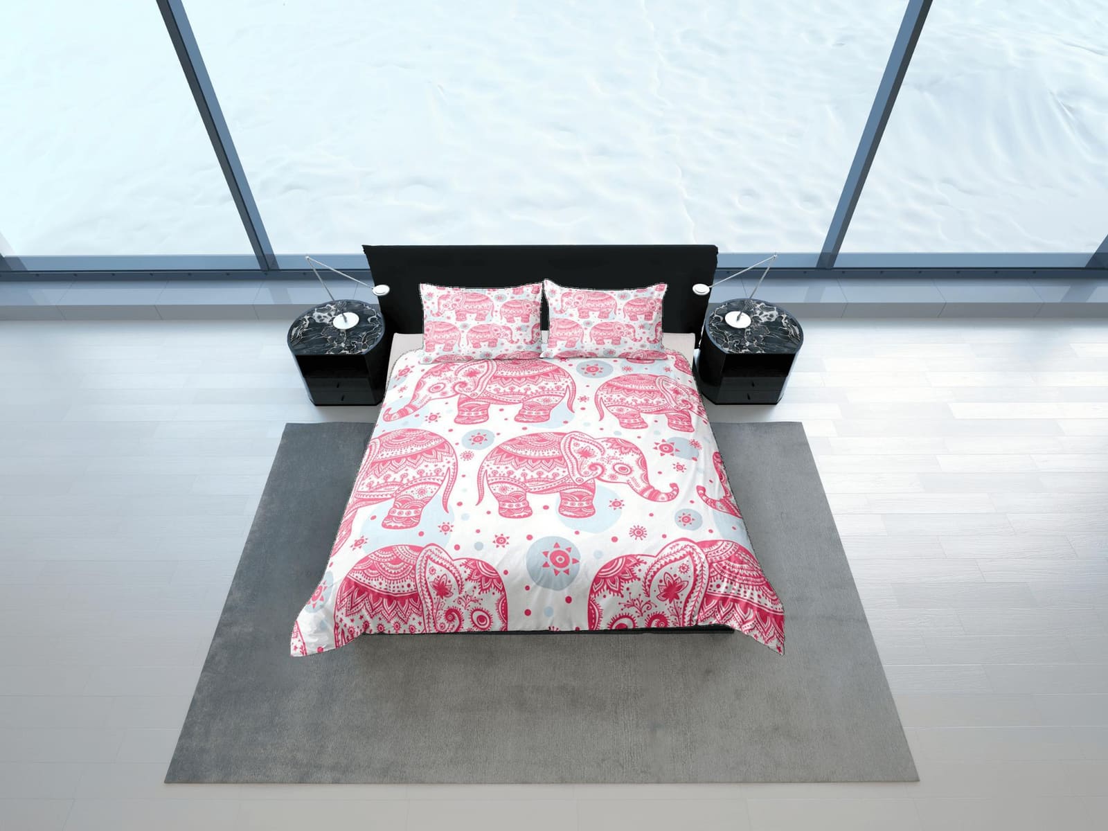 Pink Elephant Duvet Cover Set Boho Bedding, Bohemian Dorm Bedding with Pillowcase