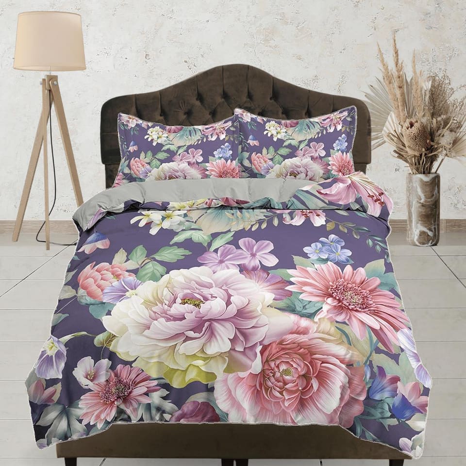 Pink floral bedding, purple duvet cover queen, king, boho duvet, designer bedding, aesthetic bedding, maximalist shabby ch…