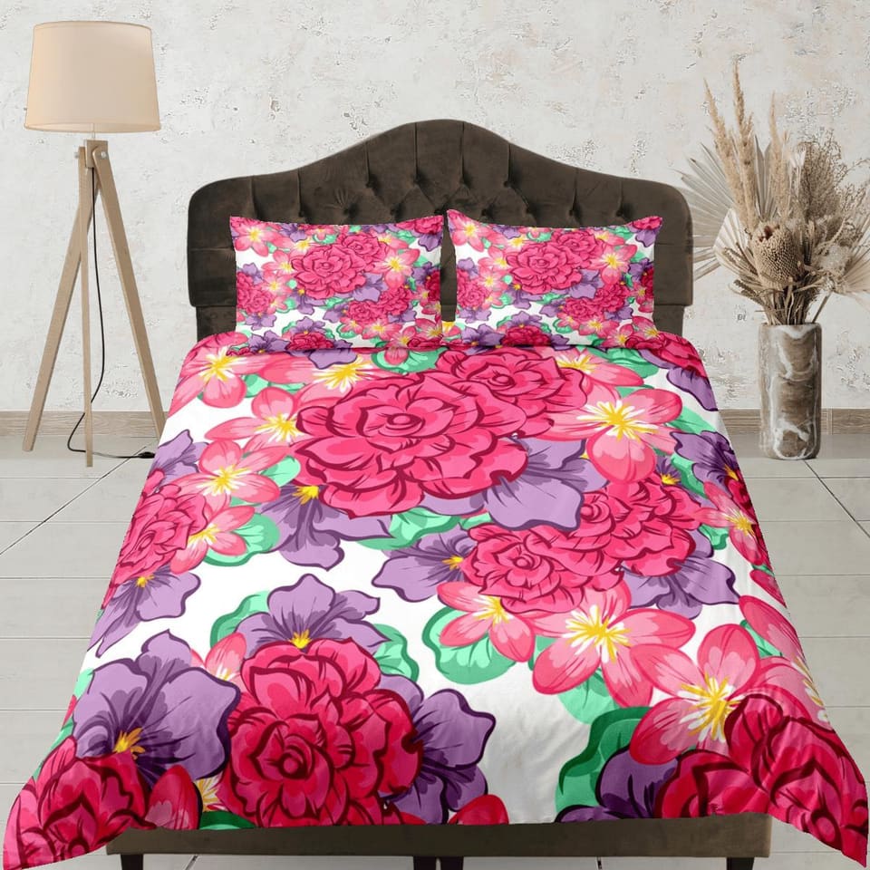 Pink floral bedding, unique adult duvet cover queen, king, boho duvet, designer bedding, aesthetic bedding, maximalist dec…