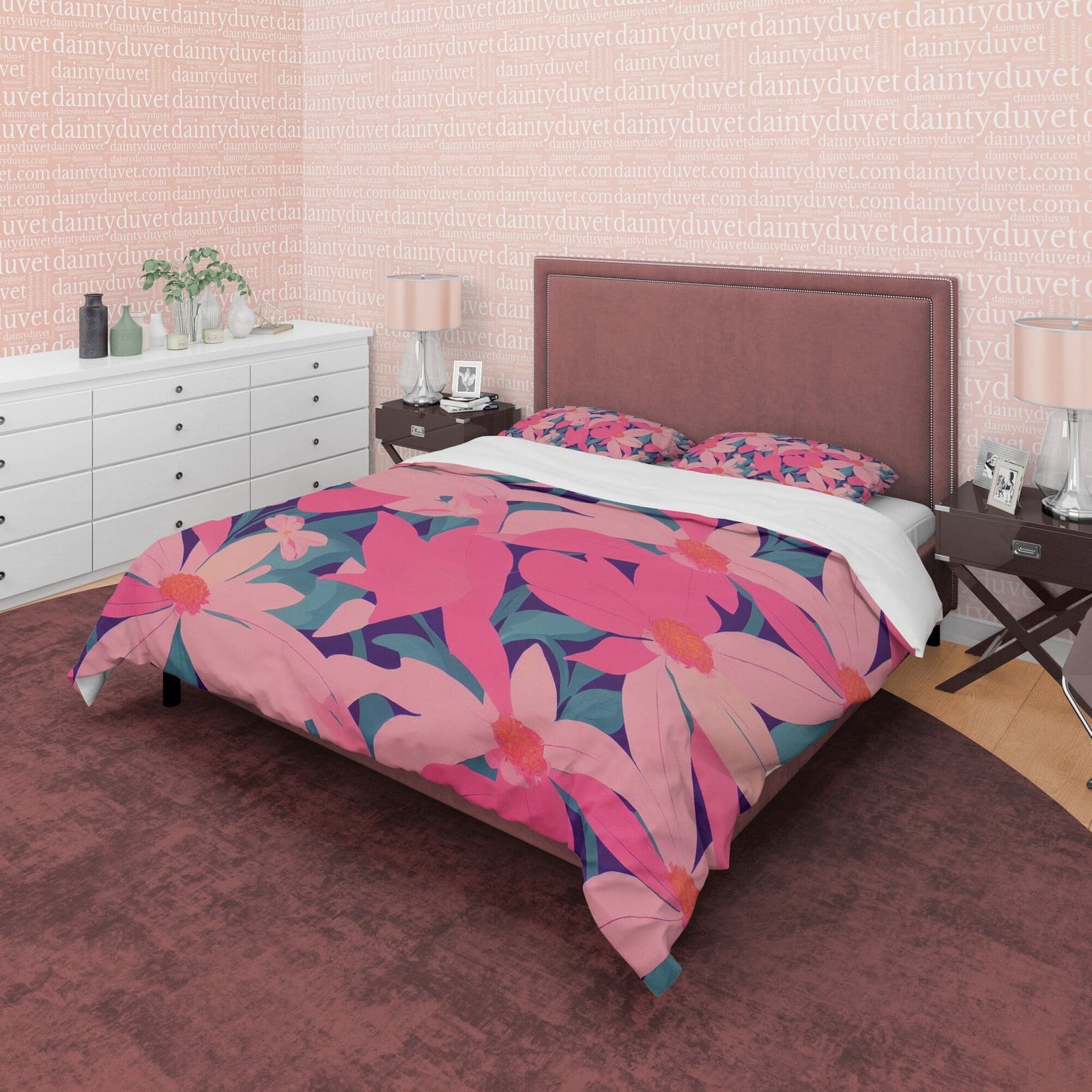 Pink Floral Boho Bedding Colorful Duvet Cover Bohemian Bedroom Set, Aesthetic Bedspread, Flower Quilt Cover, Unique Bedroo…