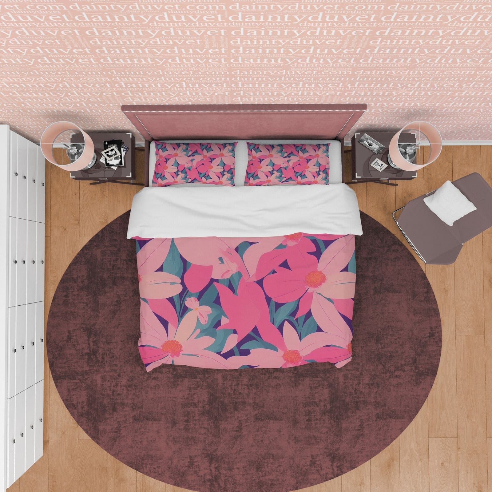 Pink Floral Boho Bedding Colorful Duvet Cover Bohemian Bedroom Set, Aesthetic Bedspread, Flower Quilt Cover, Unique Bedroo…