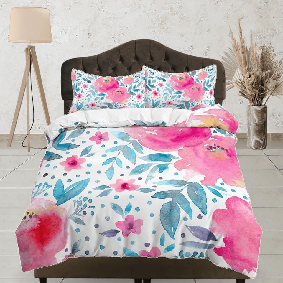 Pink floral painted duvet cover colorful bedding, teen girl bedroom, baby girl crib bedding boho maximalist bedspread aest…