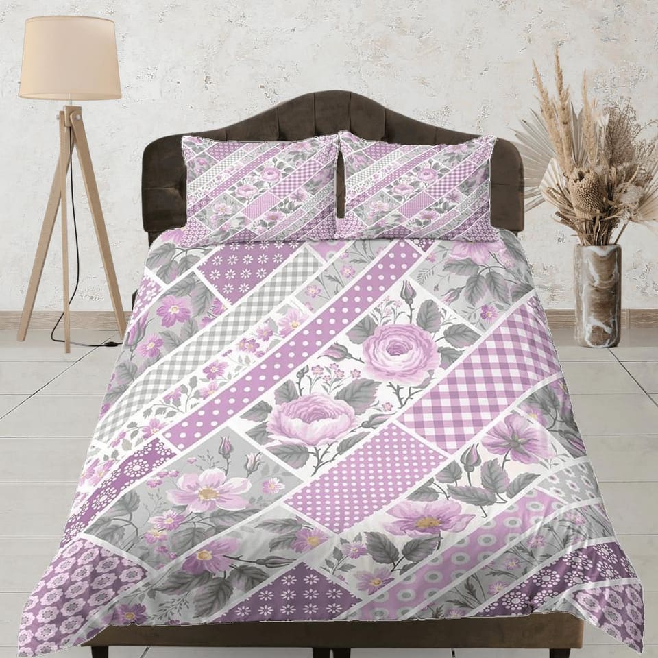 Pink floral patchwork quilt printed duvet cover set, aesthetic room decor bedding set full, king, queen size, boho bedspre…