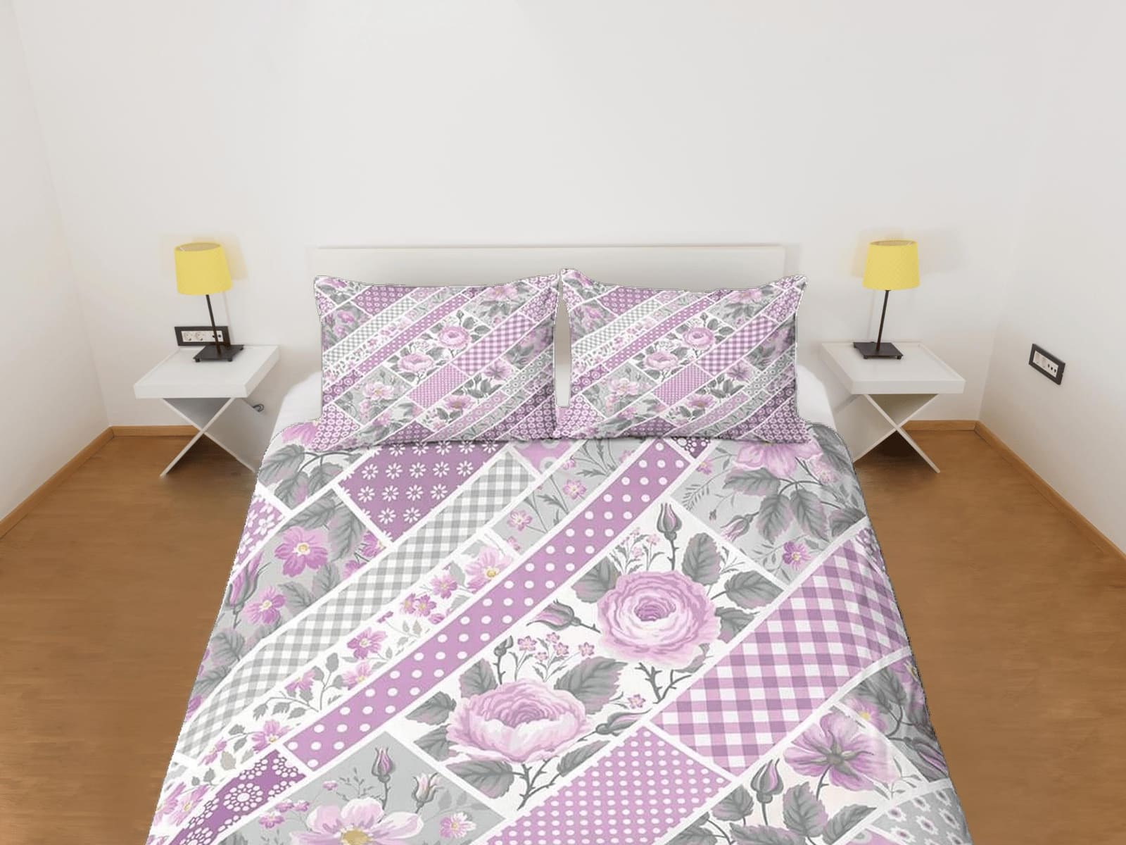 Pink floral patchwork quilt printed duvet cover set, aesthetic room decor bedding set full, king, queen size, boho bedspre…