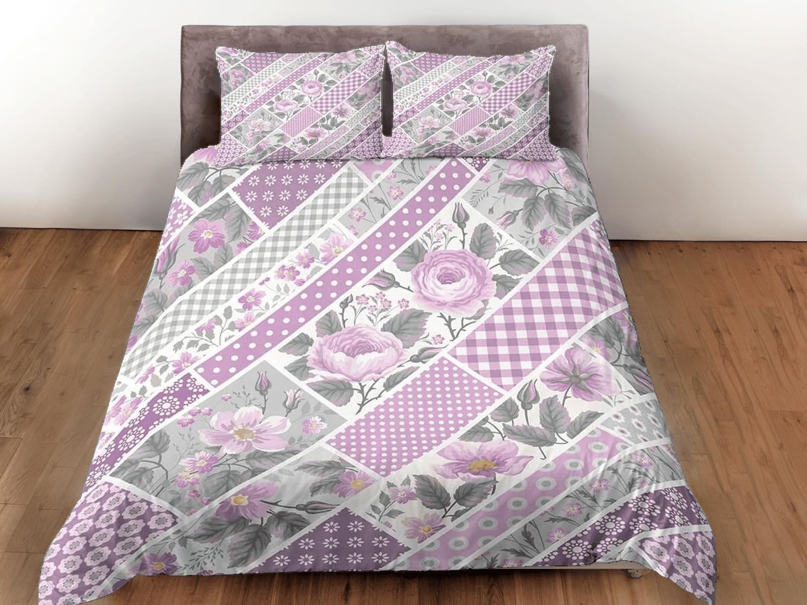 Pink floral patchwork quilt printed duvet cover set, aesthetic room decor bedding set full, king, queen size, boho bedspre…