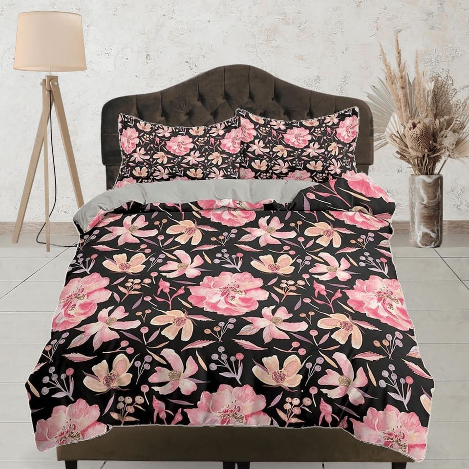 Pink floral prints in black bedding, luxury duvet cover queen, king, boho duvet designer, aesthetic bedding, maximalist fu…
