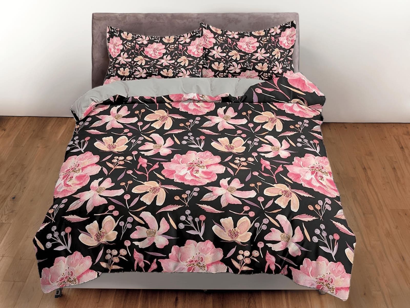 Pink floral prints in black bedding, luxury duvet cover queen, king, boho duvet designer, aesthetic bedding, maximalist fu…