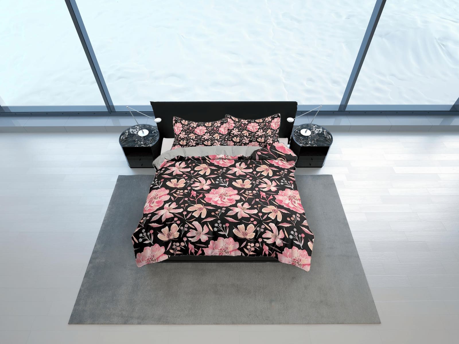 Pink floral prints in black bedding, luxury duvet cover queen, king, boho duvet designer, aesthetic bedding, maximalist fu…