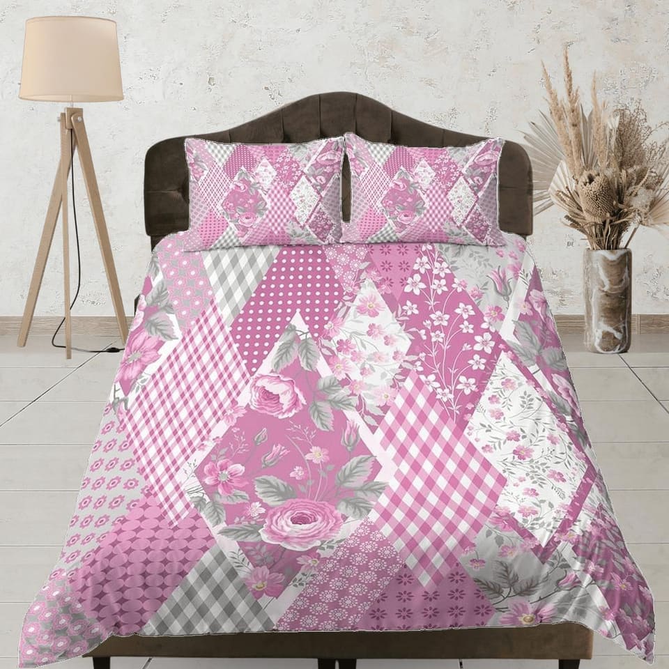 Pink floral shabby chic patchwork quilt printed duvet cover set, aesthetic room decor bedding set full, king, queen size,…