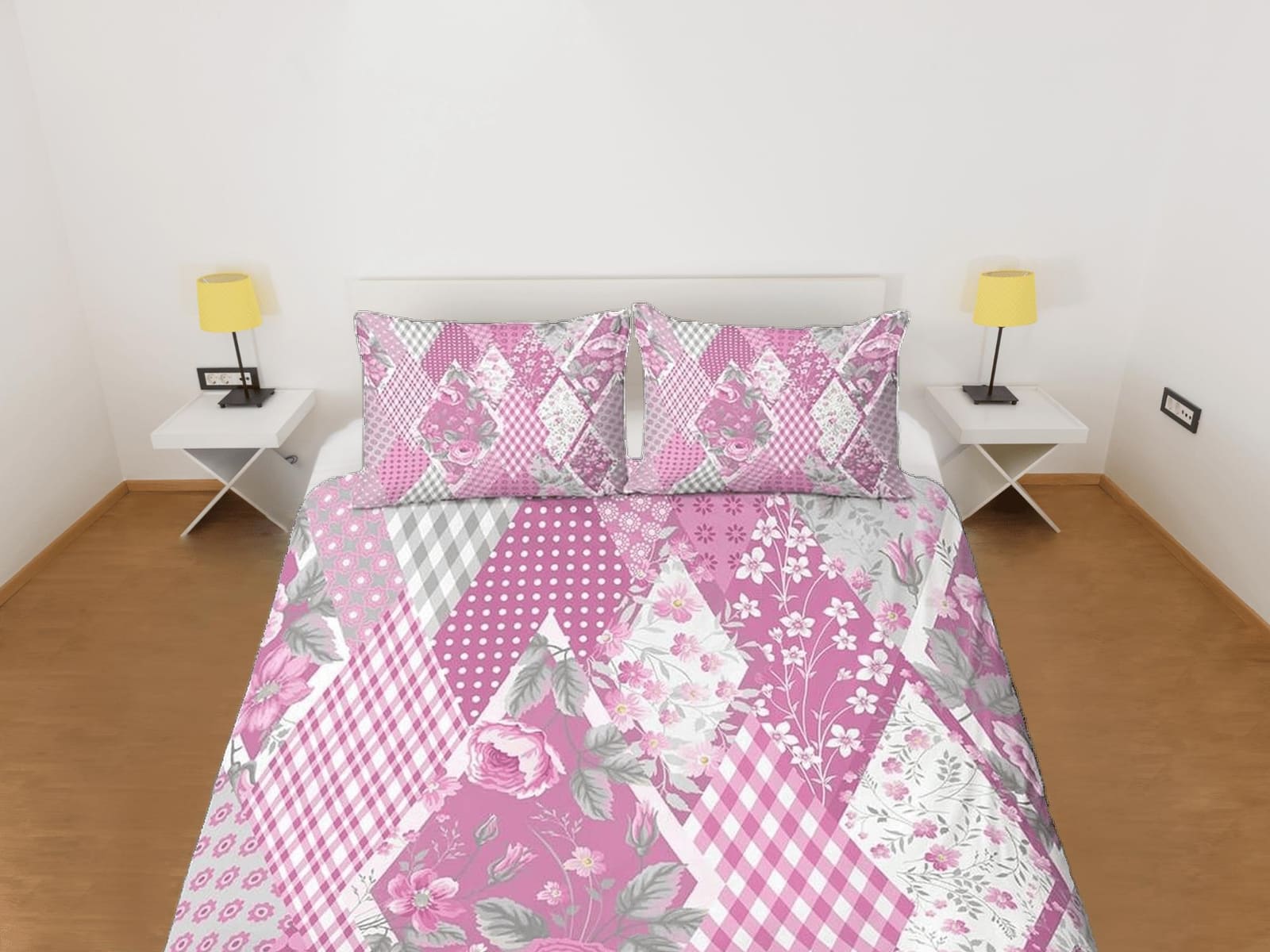 Pink floral shabby chic patchwork quilt printed duvet cover set, aesthetic room decor bedding set full, king, queen size,…