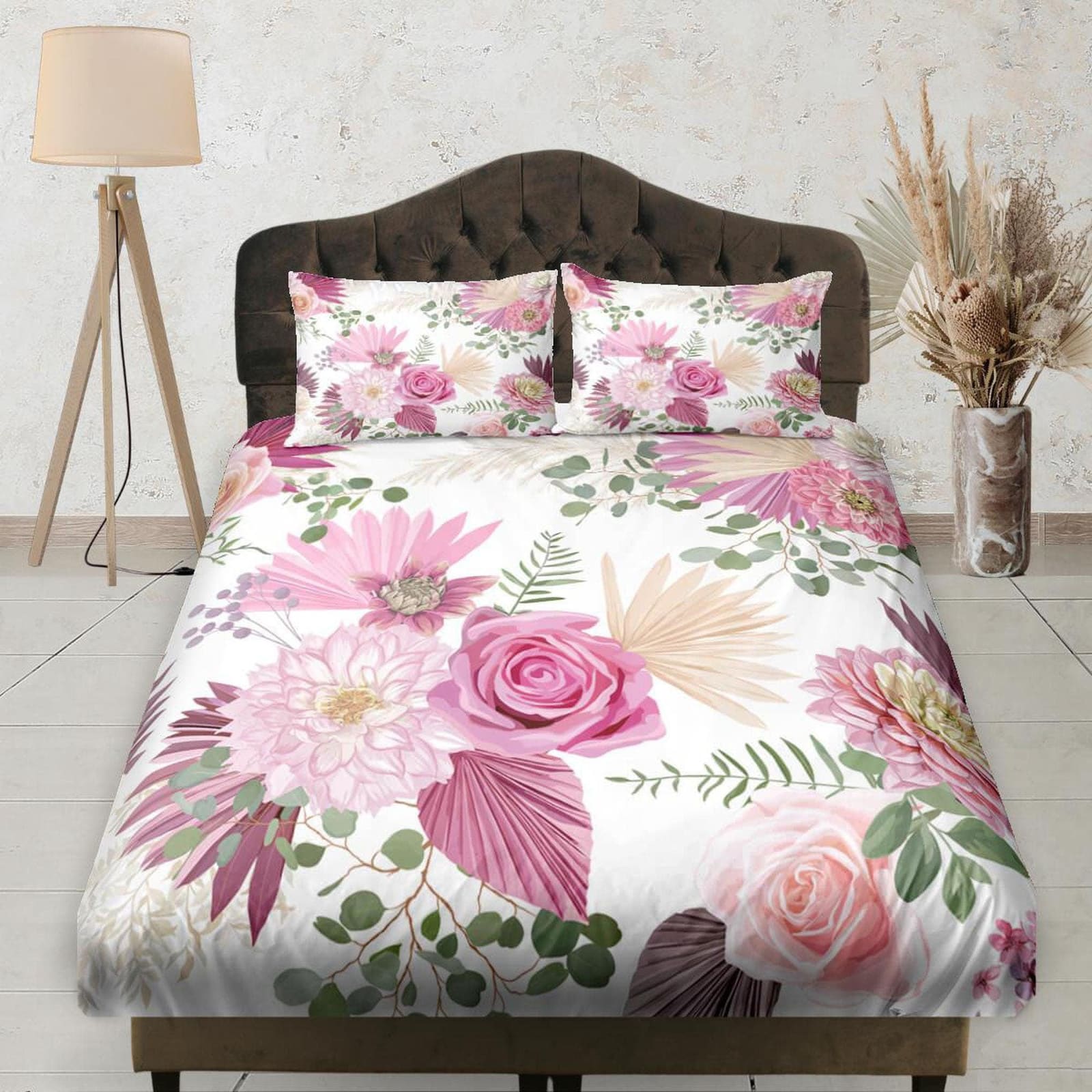 Pink Flowers Fitted Bedsheet, Deep Pocket, Floral Prints, Aesthetic Boho Bedding Set Full, Dorm Bedding, Crib Sheet, Shabb…