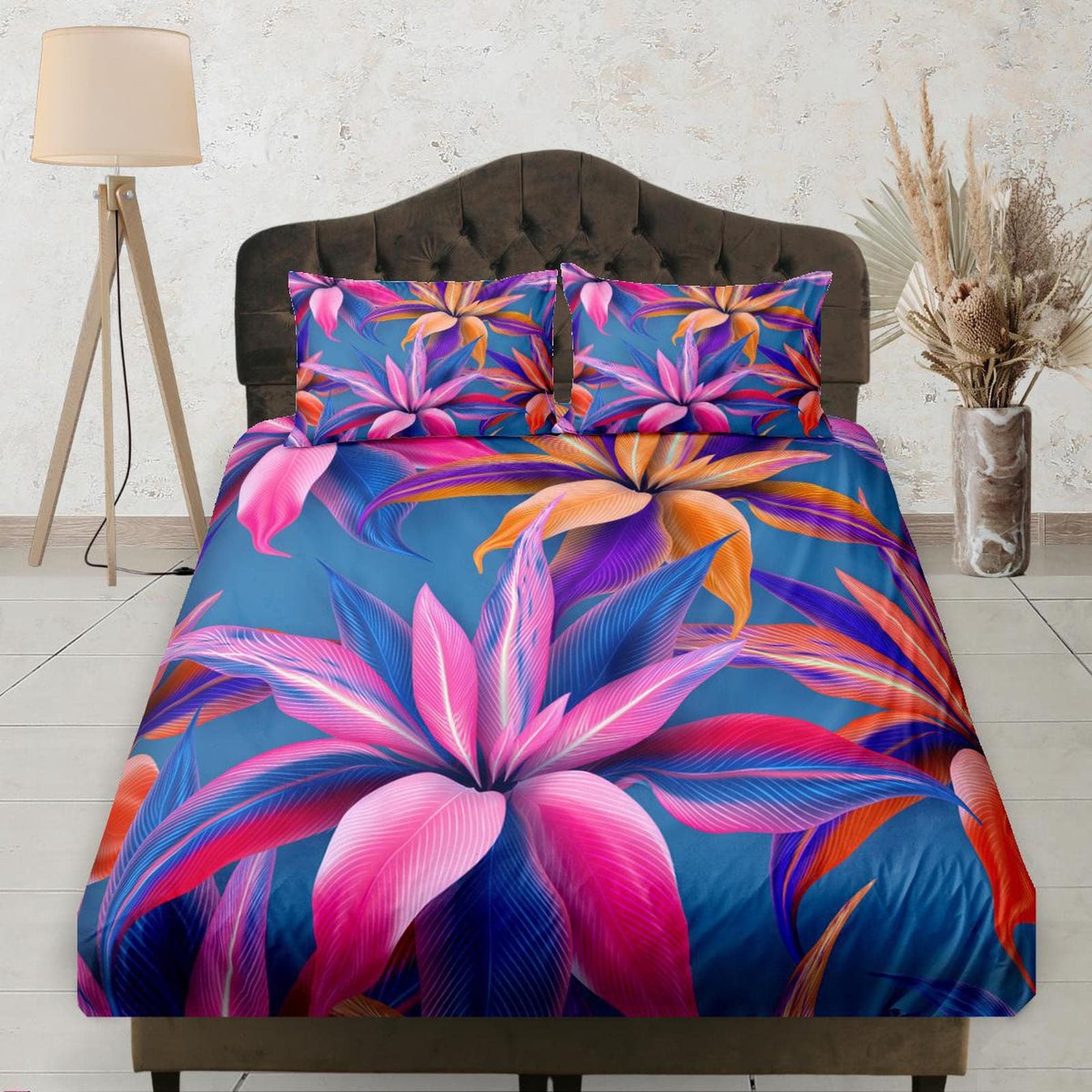 Pink Flowers in Neon Purple Fitted Bedsheet, Floral Prints, Aesthetic Boho Bedding Set Full, Dorm Bedding, Crib Sheet, Kin…