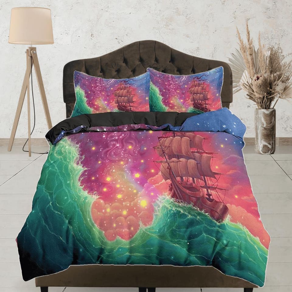 Pink galaxy bedding with viking ship, space bedding set full, cosmic duvet cover king, queen, dorm bedding, toddler beddin…