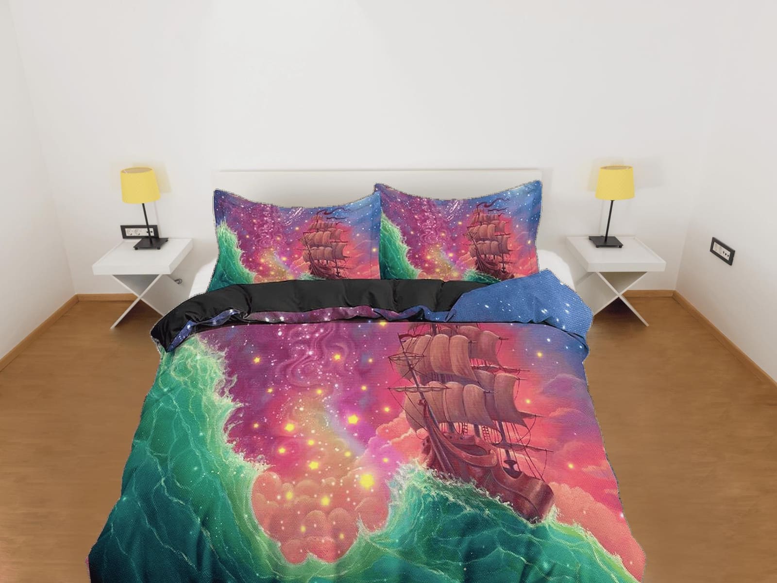 Pink galaxy bedding with viking ship, space bedding set full, cosmic duvet cover king, queen, dorm bedding, toddler beddin…