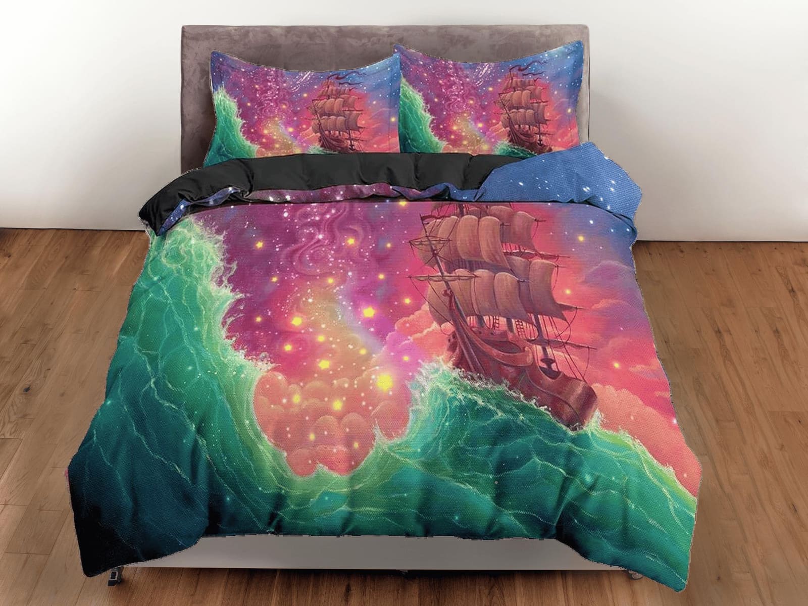 Pink galaxy bedding with viking ship, space bedding set full, cosmic duvet cover king, queen, dorm bedding, toddler beddin…