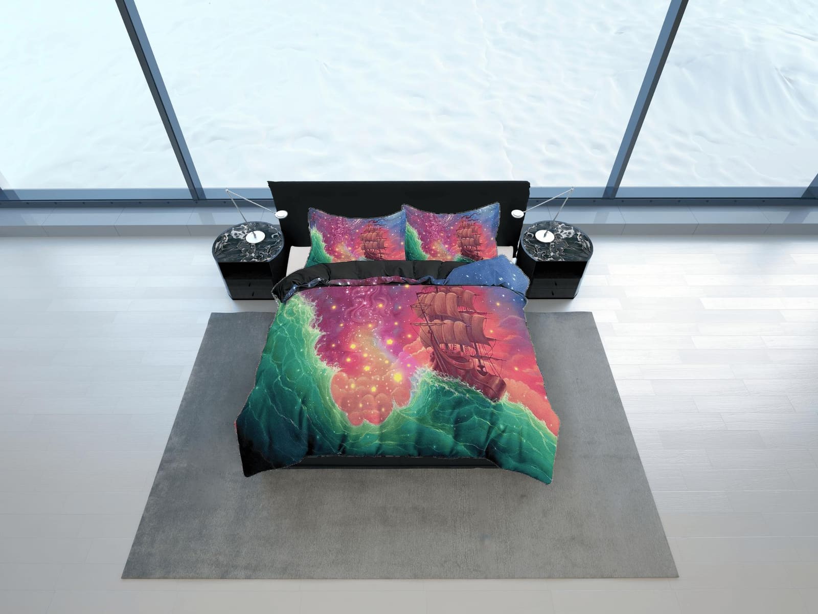 Pink galaxy bedding with viking ship, space bedding set full, cosmic duvet cover king, queen, dorm bedding, toddler beddin…