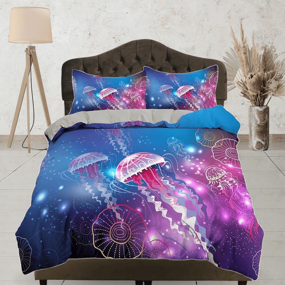 Pink glowing jellyfish bedding colorful duvet cover, ocean blush sea animal bedding set full king queen twin crib toddler,…