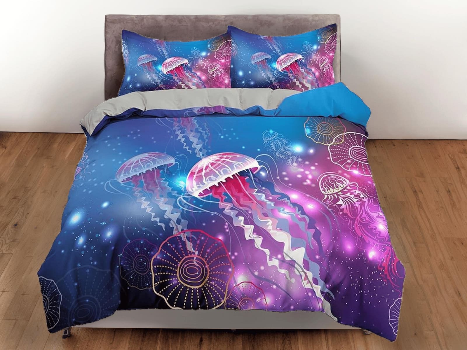 Pink glowing jellyfish bedding colorful duvet cover, ocean blush sea animal bedding set full king queen twin crib toddler,…