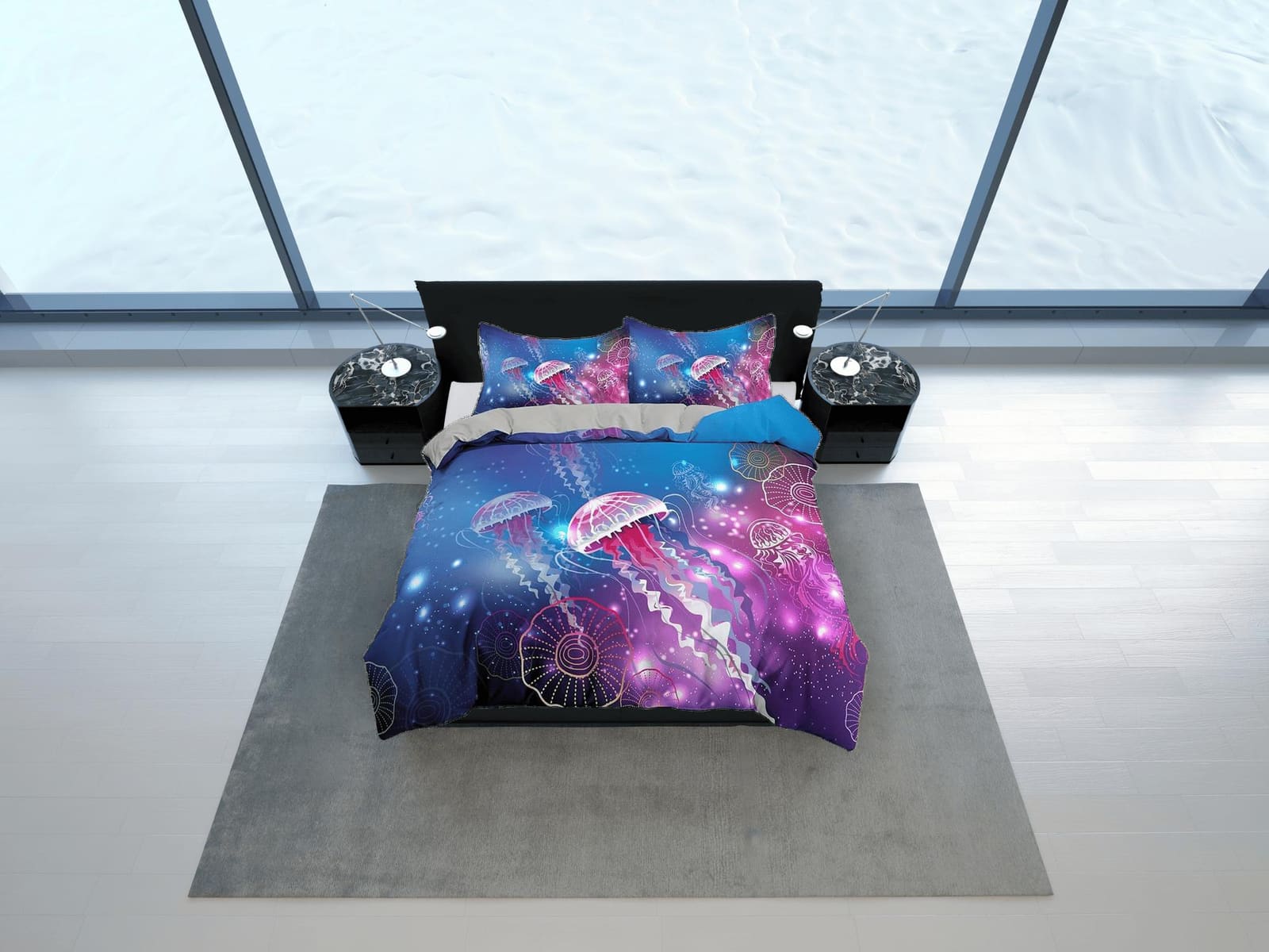 Pink glowing jellyfish bedding colorful duvet cover, ocean blush sea animal bedding set full king queen twin crib toddler,…