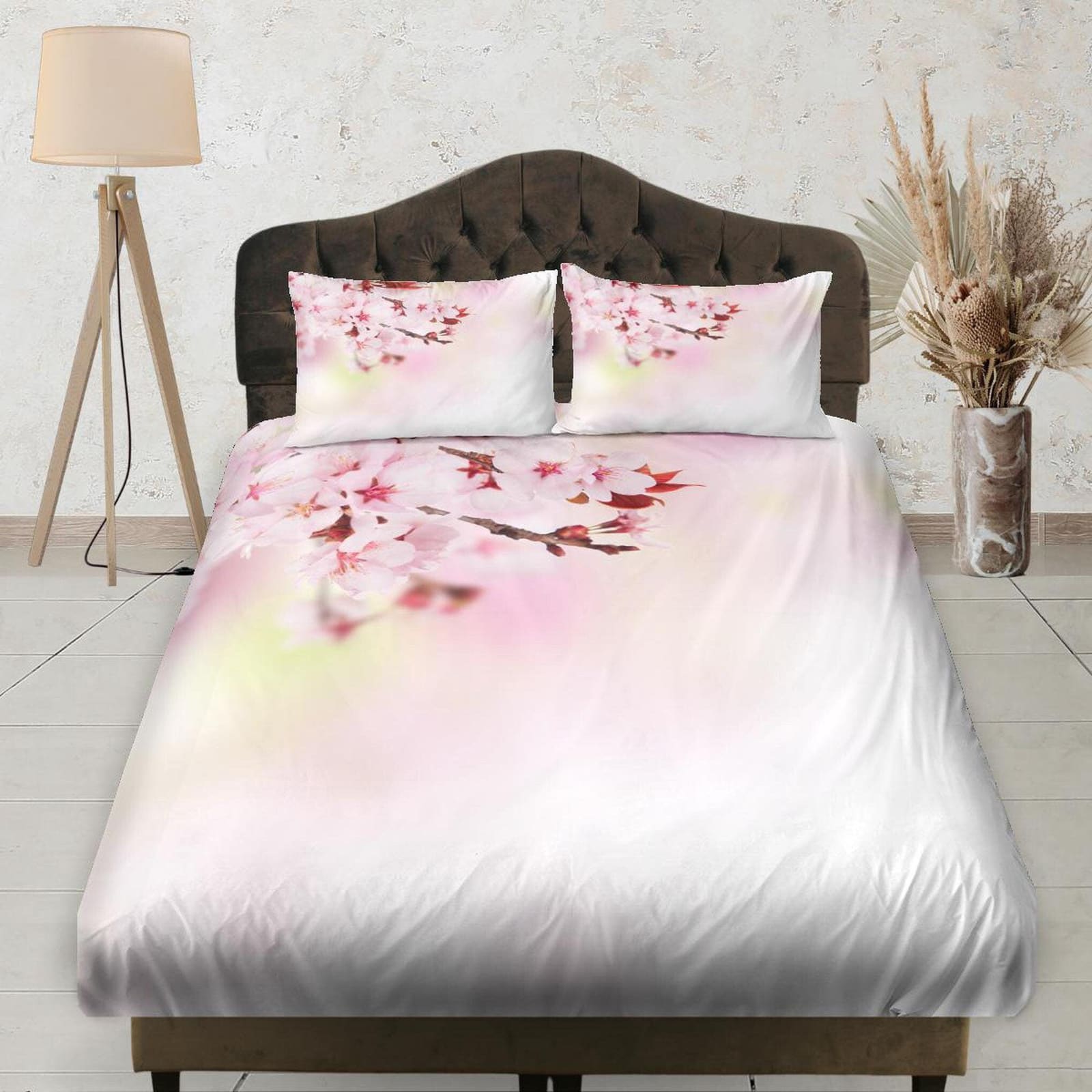 Pink Gradient Cherry Blossoms Fitted Sheet, Deep Pocket, Floral Prints, Aesthetic Bedding Set, Dorm Bedding, Crib Sheet, S…