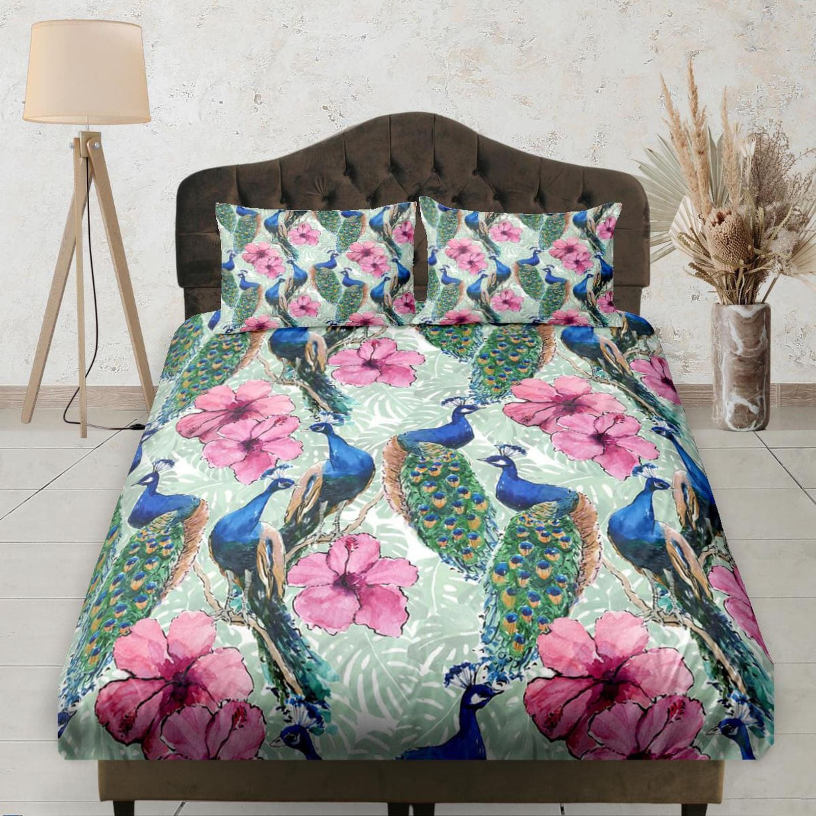 Pink Hibiscus and Peacock Bedsheet, Floral Prints, Aesthetic Boho Bedding Set Full, Elastic Deep Pocket, Dorm Bedding, Sha…