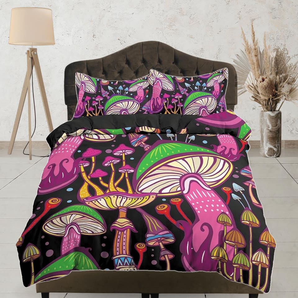 Pink mushrooms black duvet cover hippie bedding set full, queen, king, preppy dorm bedding, indie room decor, aesthetic be…