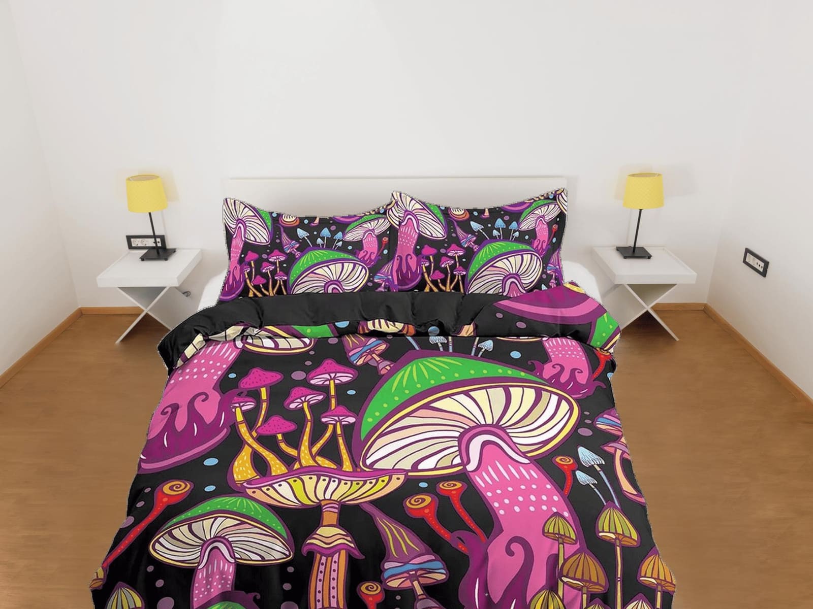 Pink mushrooms black duvet cover hippie bedding set full, queen, king, preppy dorm bedding, indie room decor, aesthetic be…