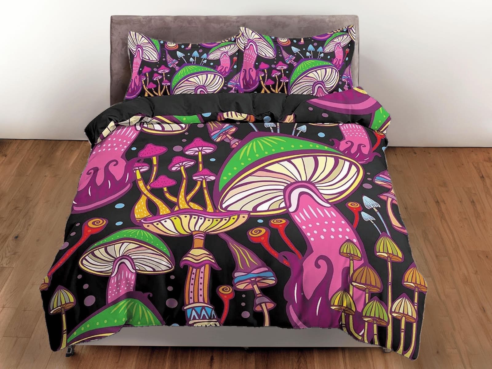 Pink mushrooms black duvet cover hippie bedding set full, queen, king, preppy dorm bedding, indie room decor, aesthetic be…