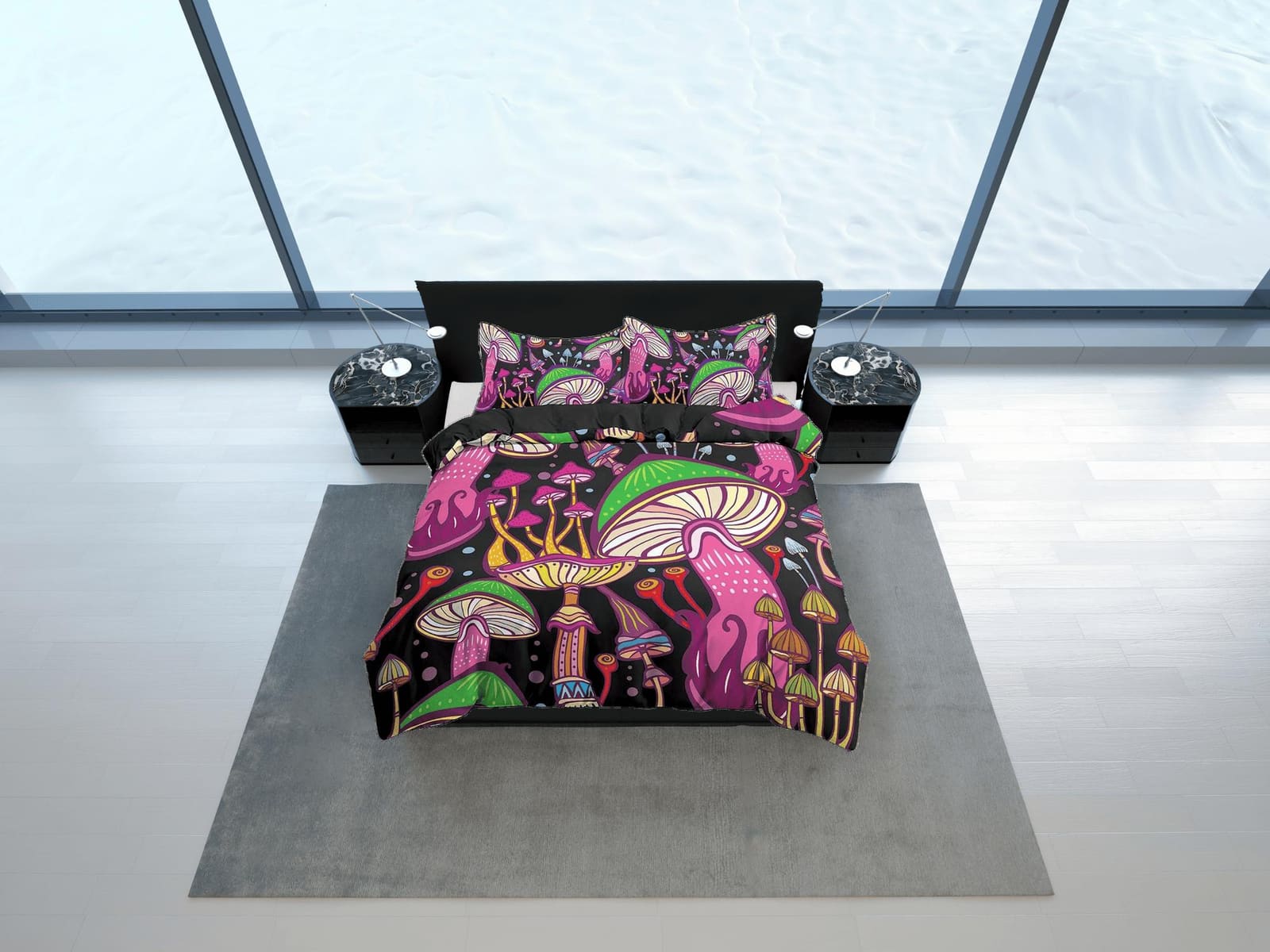 Pink mushrooms black duvet cover hippie bedding set full, queen, king, preppy dorm bedding, indie room decor, aesthetic be…
