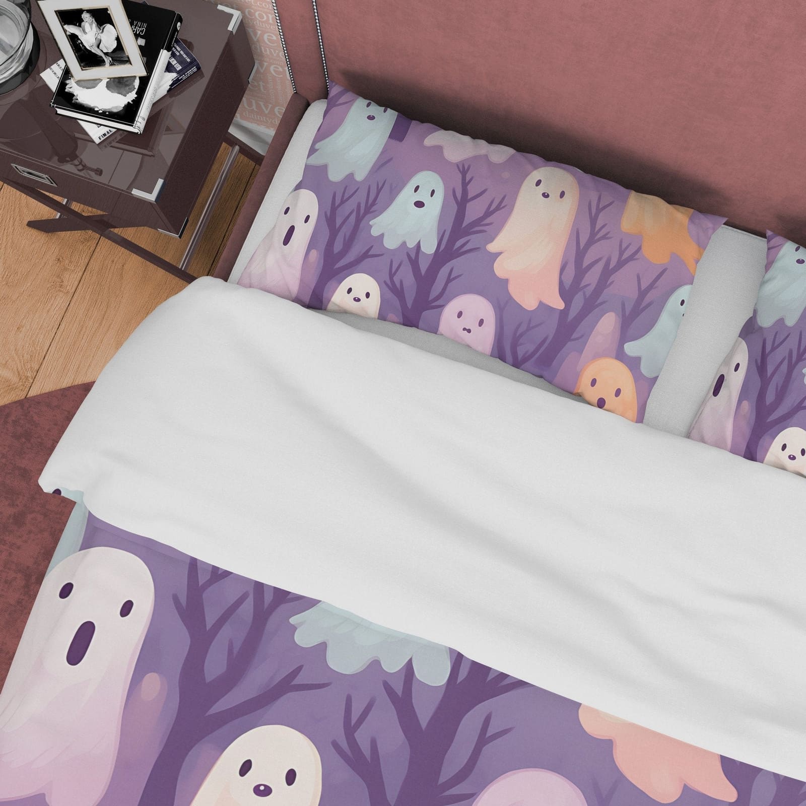 Pink, Orange Cute Ghosts, Purple Duvet Cover Set, Aesthetic Bedding, Halloween Room Decor, US, UK, European, Australian Be…