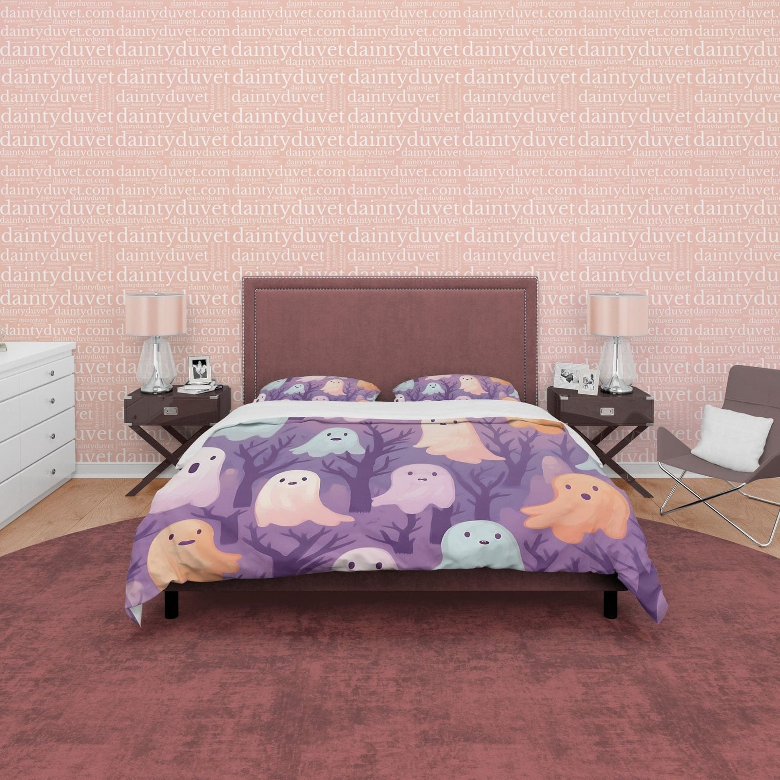 Pink, Orange Cute Ghosts, Purple Duvet Cover Set, Aesthetic Bedding, Halloween Room Decor, US, UK, European, Australian Be…