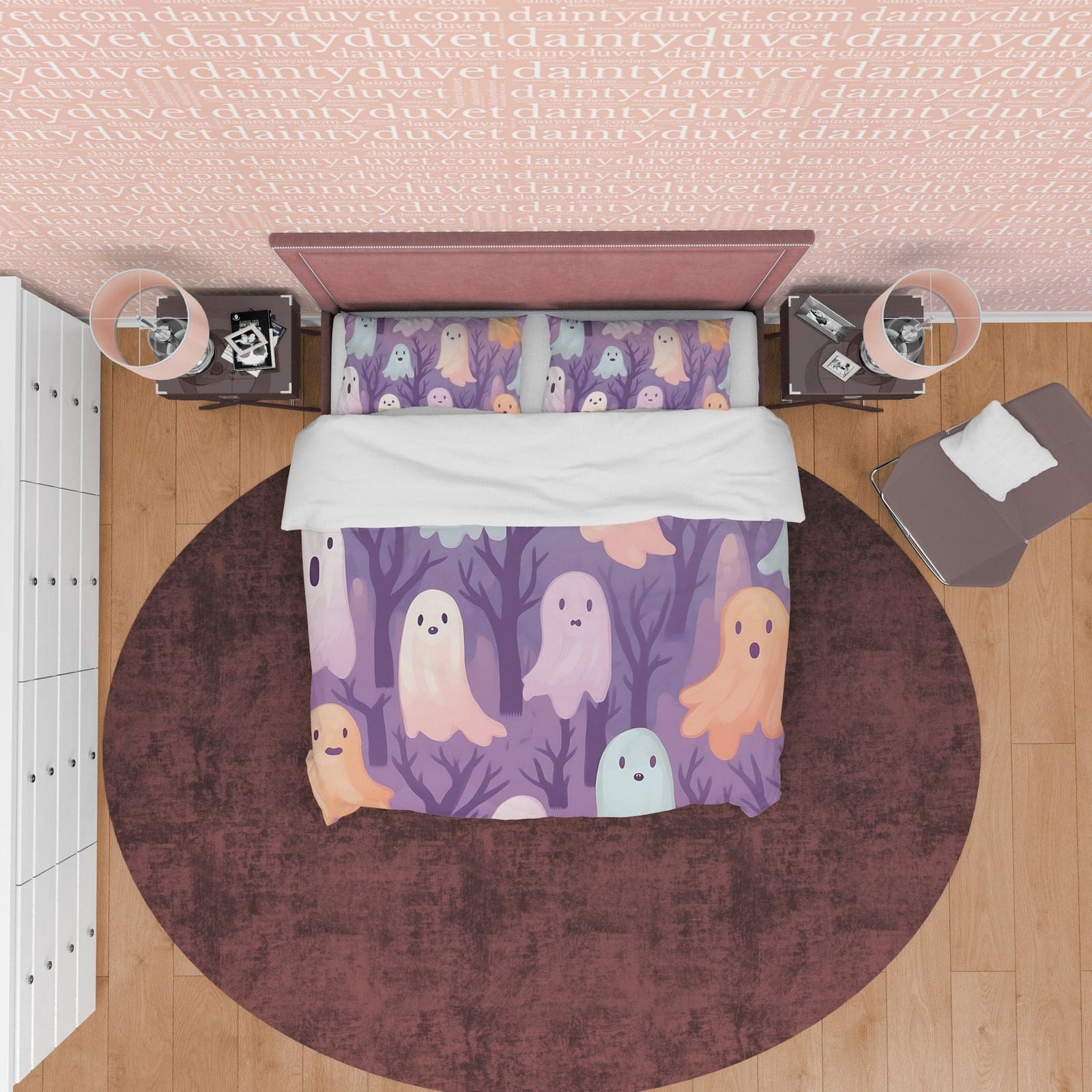 Pink, Orange Cute Ghosts, Purple Duvet Cover Set, Aesthetic Bedding, Halloween Room Decor, US, UK, European, Australian Be…
