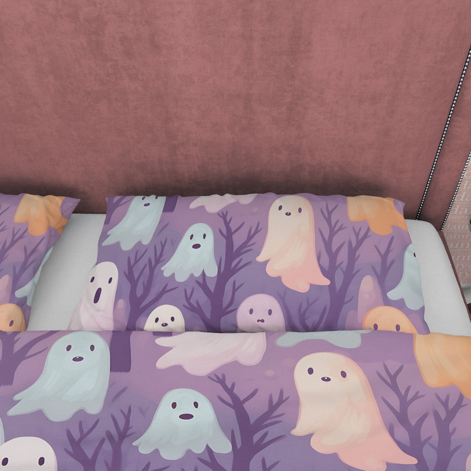 Pink, Orange Cute Ghosts, Purple Duvet Cover Set, Aesthetic Bedding, Halloween Room Decor, US, UK, European, Australian Be…