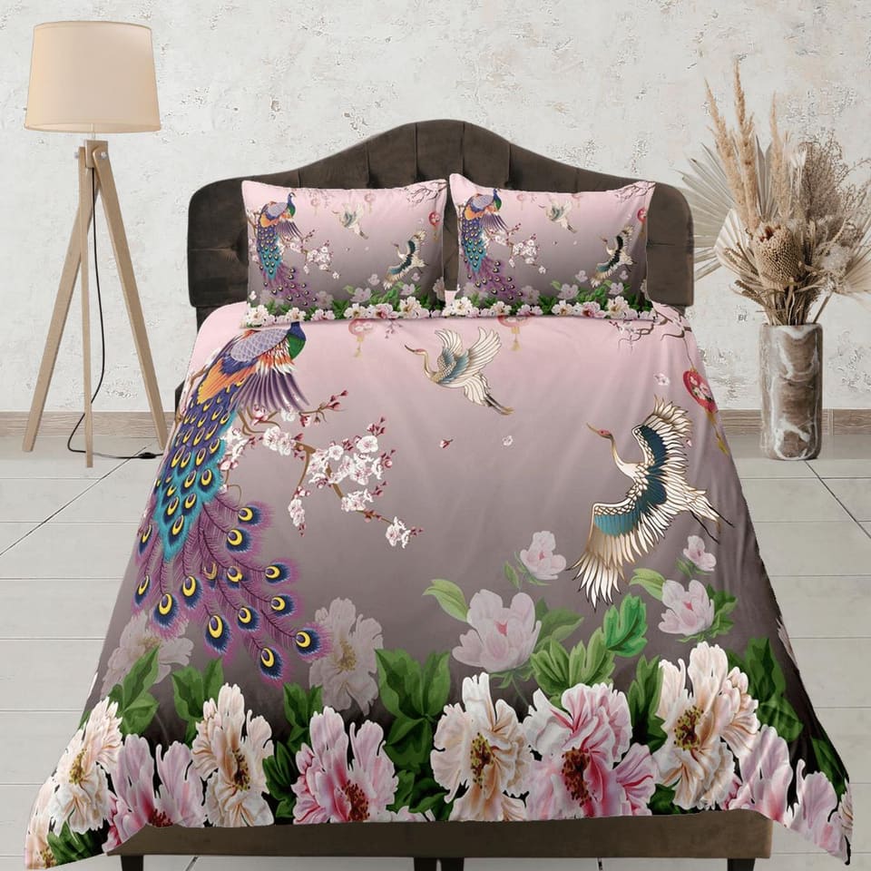 Pink peacock aesthetic bedding set full, crane bird, floral prints, luxury duvet cover queen, king, boho duvet, designer b…