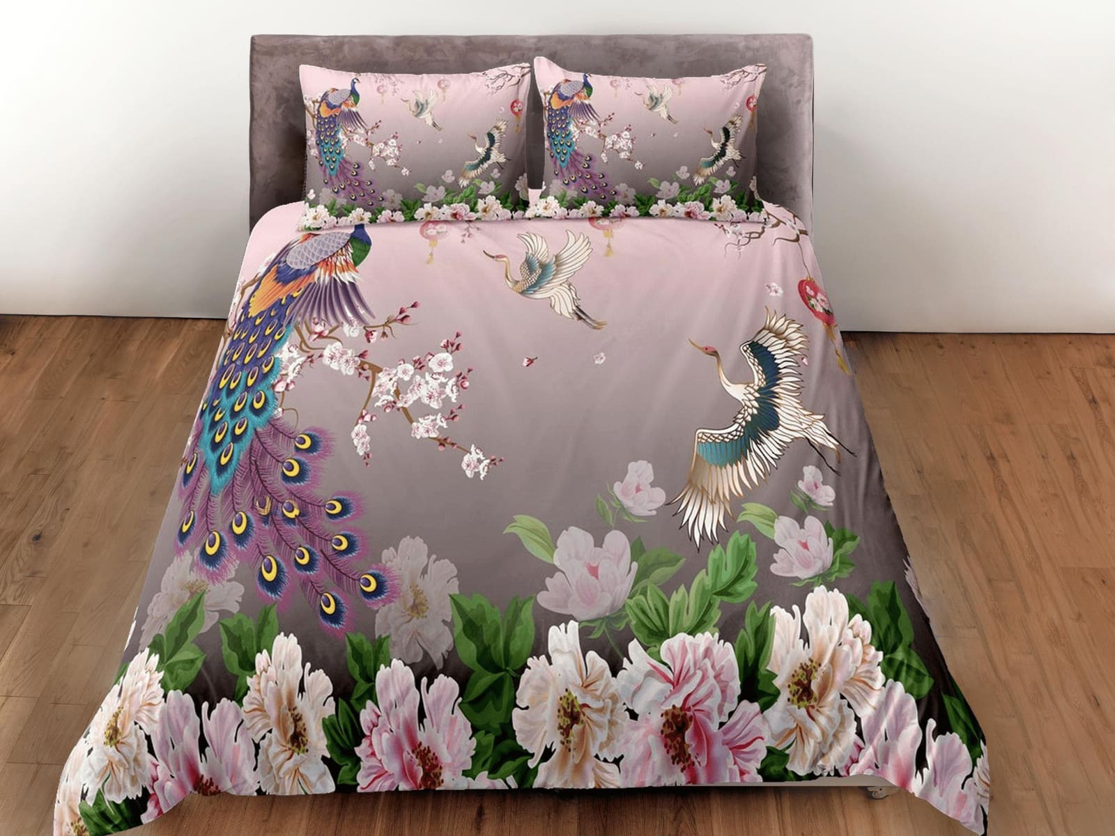 Pink peacock aesthetic bedding set full, crane bird, floral prints, luxury duvet cover queen, king, boho duvet, designer b…
