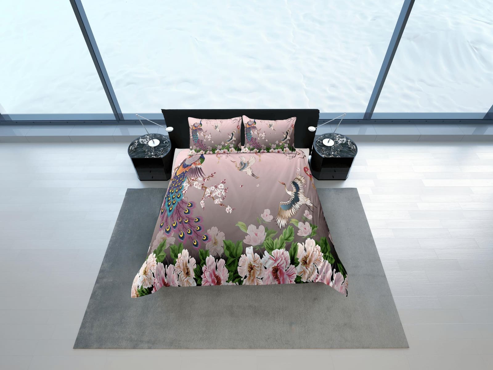 Pink peacock aesthetic bedding set full, crane bird, floral prints, luxury duvet cover queen, king, boho duvet, designer b…